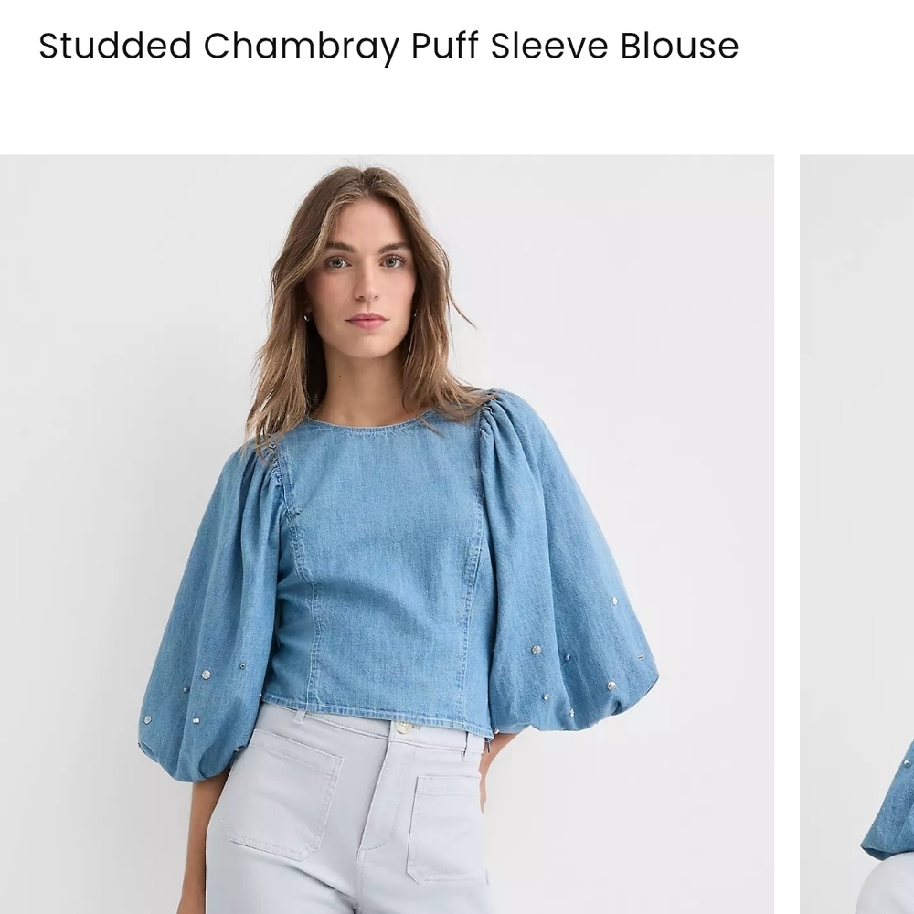 LOFT Light Blue Studded Chambray Puff-Sleeve Blouse